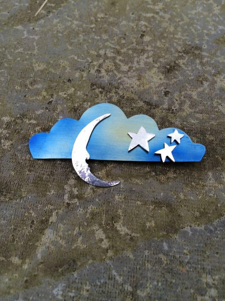 Brooch - Br05 - Silver , brass and blue titanium cloud ,stars and moon brooch