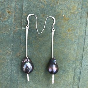 Earrings - E01 - Grey coloured uneven pearl and silver dangly earrings