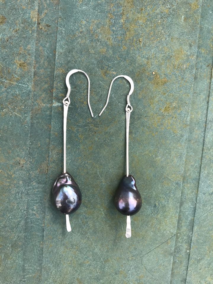 Earrings - E01 - Grey coloured uneven pearl and silver dangly earrings