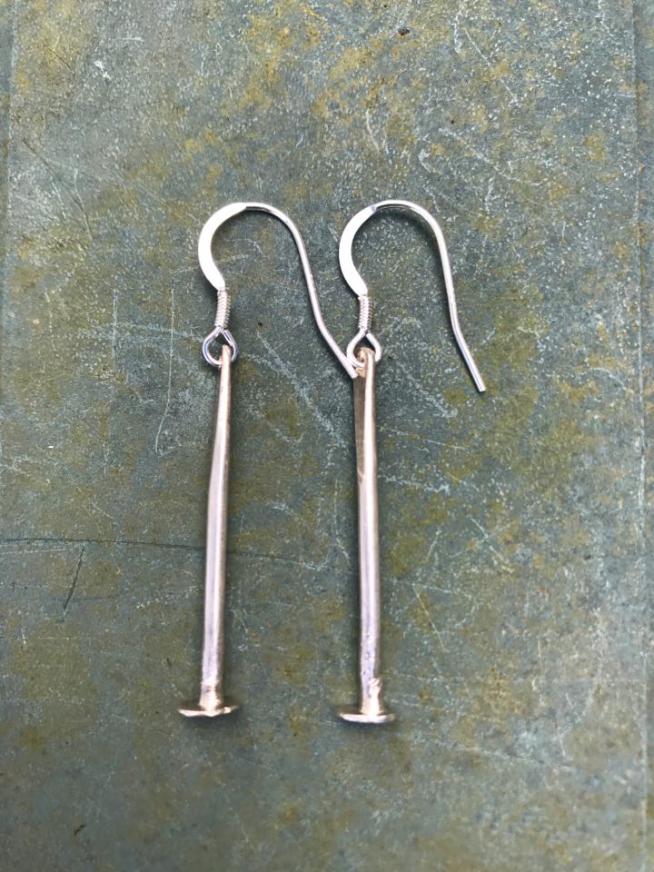 Earrings - E07 - Silver 'nail' dangly earrings
